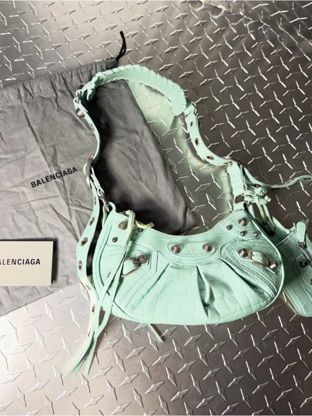 Balenciaga Supple Calfskin Croc Embossed Le Cagole Shoulder Bag in Green Aqua - Picture 11 of 11